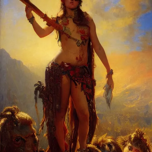 Prompt: full length portrait of a victorious young girl covered in blood in a golden light standing over a moutain of skulls, black background, highly detailed painting by gaston bussiere and j. c. leyendecker 8 k