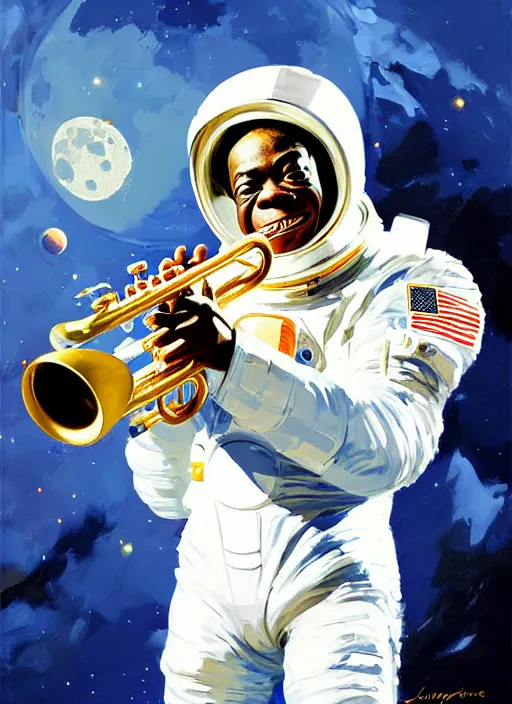 Prompt: a portrait of louis armstrong wearing a space suit on the moon, reaching for a trumpet, by greg manchess and john singer sargent and jonathan yeo, dramatic lighting, highly detailed digital painting