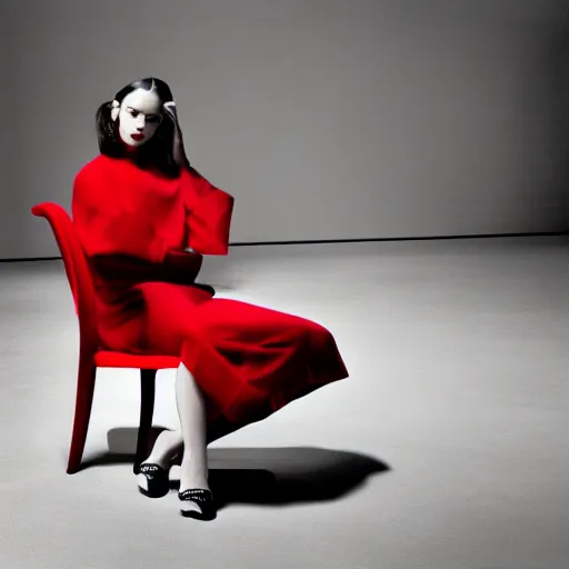 Prompt: fashion model on red chair, official jil sander editorial