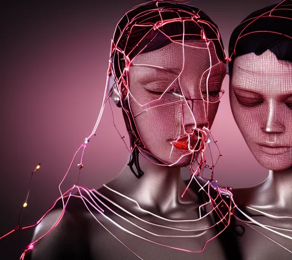 Image similar to a complex 3d render ultra detailed of two tulle wrapped perfect human face female half android queens praying together with wires tangled behind them connected to giant computer,bowknot, fine lace. GUCCI,sculpture,red rose, sparkling, jewel embellishment, cyberpunk 2077, film lighting, anatomical, facial muscles, cable wires, microchip, by Stanely Artgerm, Tom Bagshaw, Andrei Riabovitchev, aaron horkey, trending on pinterest,ZBrush, full of color, luxury, mythological, ultra realistic, high detail,concept art,golden ratio,cinematic lighting H 768