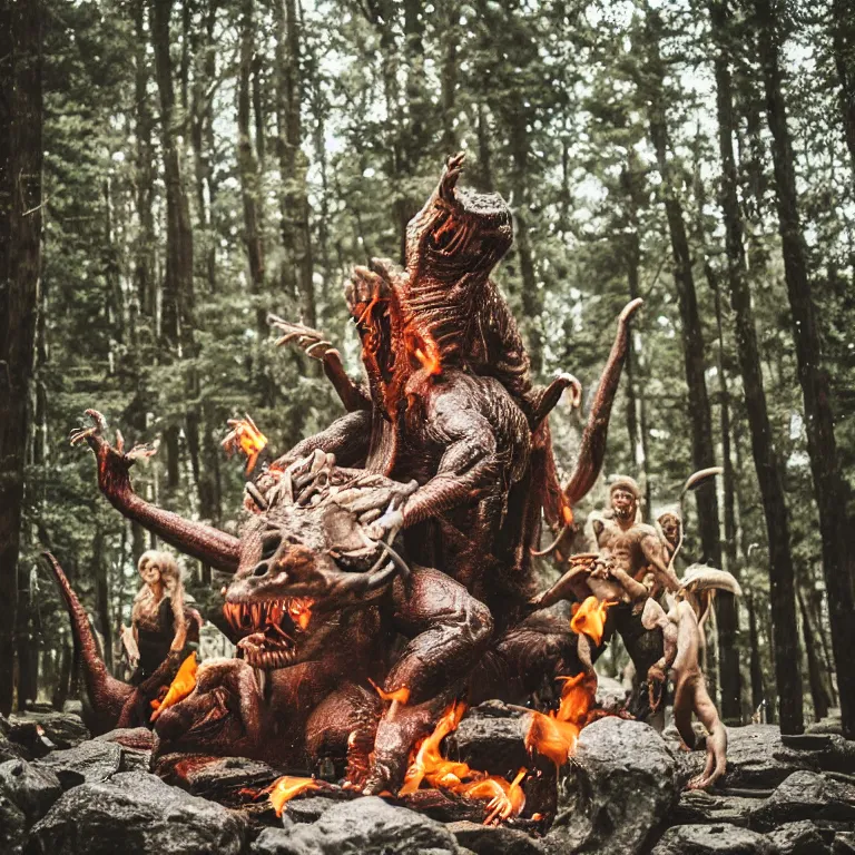 Prompt: 8 5 mm f 1. 8 lit edges, photo, hyper detailed, neanderthal people celebrating first contract with aliens!, eating sushi, surrounded by dinosaurs!, gigantic forest trees, sitting on rocks, bonfire, zoom on alien face, michael jackson moon dance