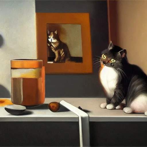 Image similar to highly detailed, 4k, oil painting of cats drinking coffee by Caravaggio, Matisse, and Rothko, surrealism, rendered by unreal engine