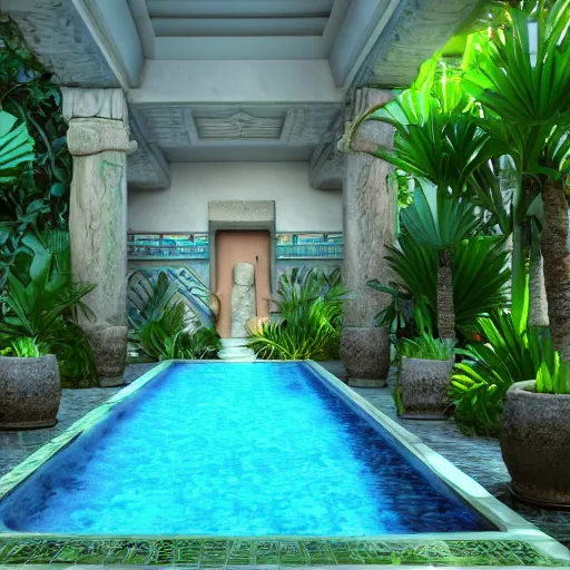 Prompt: a pool in a ancient egyptian interior full of plants and palms, 3d render,unreal engine