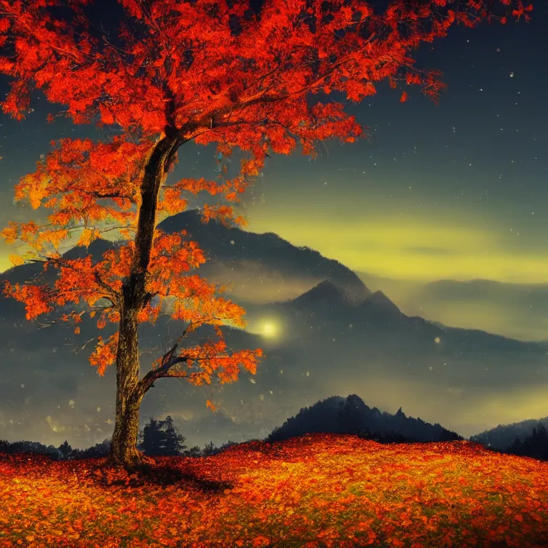 Prompt: a beautiful awesome artistic tree in the fall at night with falling flowers like leaves and many birds, all in the amazing outdoors view, mountain in the background, lake, long exposure, 8 k resolution, trending on artstation