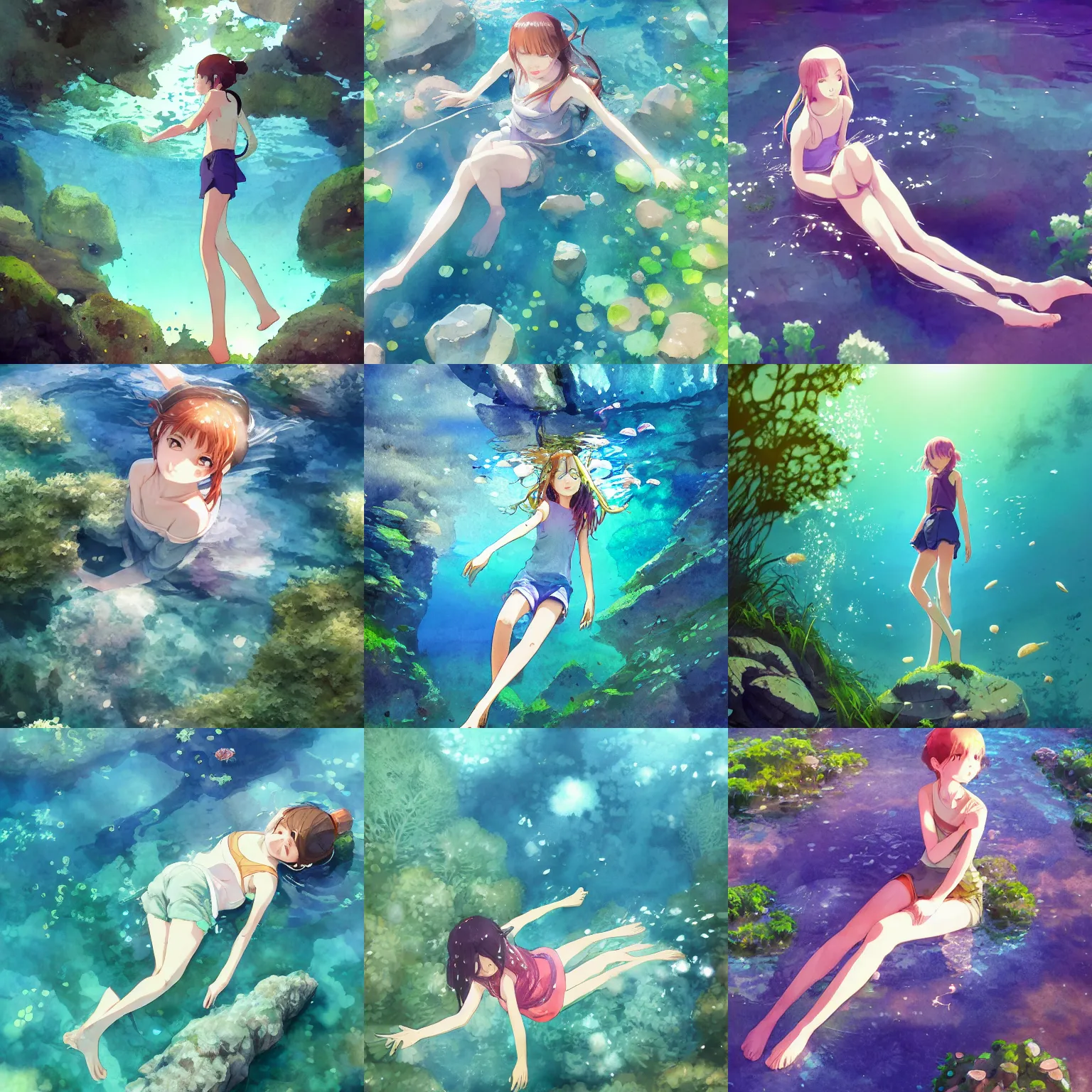 Prompt: girl floating in crystal clear water wearing everyday clothes, rocks, gravel, underwater plants, moss, digital art, illustration, fun vibrant watercolor, wenjun lin, makoto shinkai, studio ghibli, hidari, pixiv, high angle, sunny lighting, shadows from trees, detailed cute anime style face, reflections