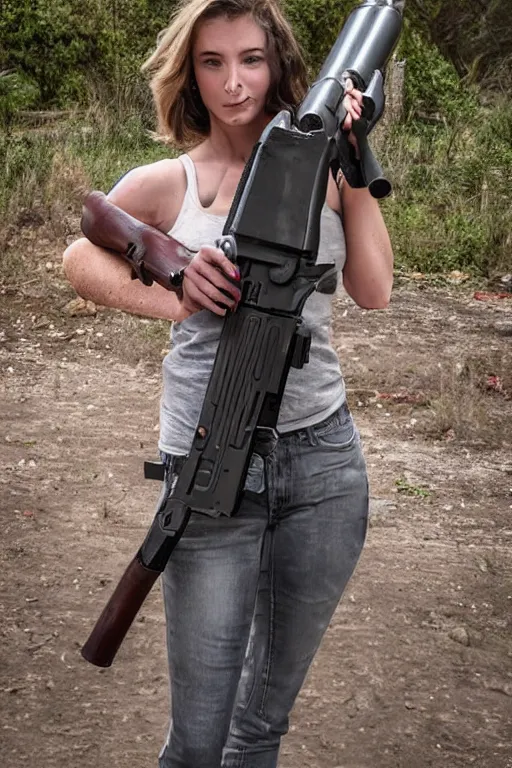 Image similar to a beautiful woman carrying a giant oversized gun, real photo