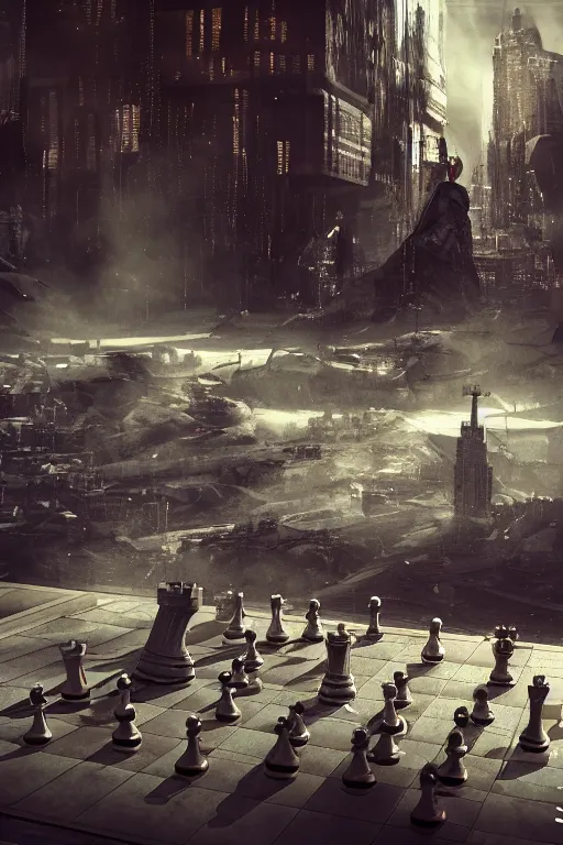 Image similar to A dystopian future in a larger than life-size game of Chess, evil, demonic, angelic, environment concept, Rendered in Octane, trending on artstation, cgsociety, moody lighting rendered by octane engine, environment 8K artstation, cinematic lighting, intricate details, 4k detail post processing, hyperealistic, octane render, photo realism