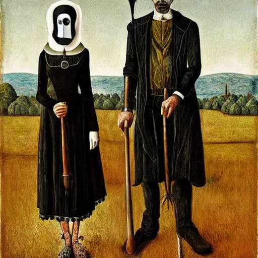 Image similar to American Gothic reimagined as plague doctors