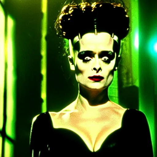 Image similar to cinematic portrait of gentle helena bonham carter as bride of frankenstein as a replicant in a busy nightclub,, still from the movie bladerunner, fashion photography, a sign is in the background, 8 k, high detail, face in focus