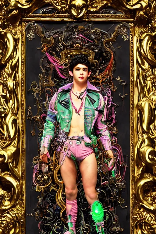 Image similar to full-body bladerunner neon rococo style sculpture of a young handsome Spanish Nick Jonas as a half cibernetic android with a chest opening exposing circuitry and electric sparks, glowing laser beam eyes, crown of giant diamonds, flowing neon-colored silk, fabric, raptors. baroque elements. full-length view. baroque element. intricate artwork by caravaggio. many many birds birds on background. Trending on artstation, octane render, cinematic lighting from the right, hyper realism, octane render, 8k, depth of field, 3D