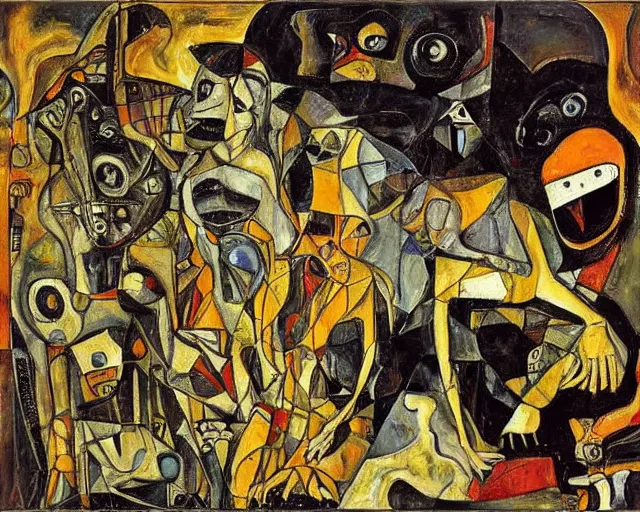 Image similar to a painting of guernica with aliens and robots by graham sutherland, egon schiele, gustav klimt, expressionism