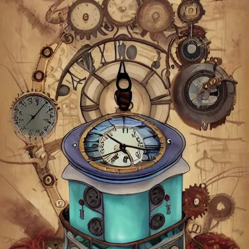 Prompt: dream a steampunk time machine by vanessa morales, studio ghibli,