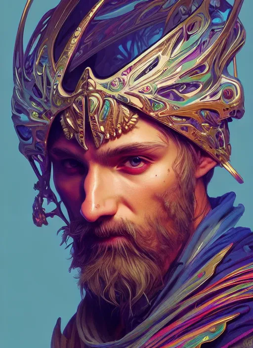 Prompt: hyper detailed ultra sharp of a wise slavic druid trance man. trending on artstation, warpaint aesthetic, earthwave, colorful, psychedelic, ornate, intricate, digital painting, concept art, smooth, sharp focus, illustration, art by artgerm and greg rutkowski and alphonse mucha, 8 k