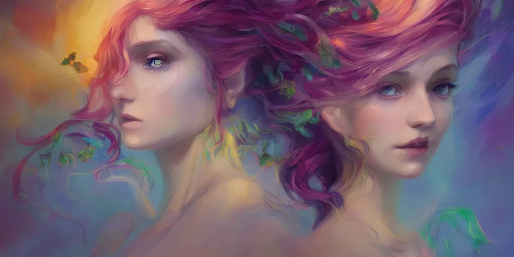 Image similar to a colorful and provenance portrait painting of a fantasy female with floral wings, detailed, highly detailed, hair made of hair made of air wind and curling smoke, mist, dust, genie, spirit fantasy concept art ， art by charlie bowater and by aenami, trending on artstation.