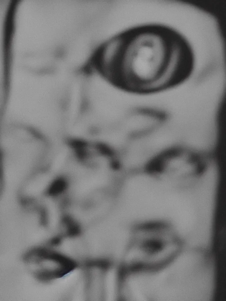 Prompt: High resolution black and white portrait with a 35mm F/5.0 lens of a vintage 1984 television set with Soviet Union program image interference. You can see on the screen a little bit of a person.