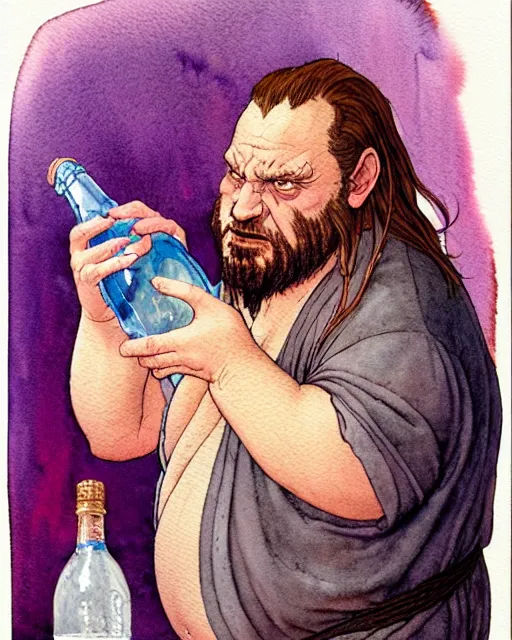 Image similar to a realistic and atmospheric watercolour fantasy character concept art portrait of a fat, chibi qui - gon jinn drinking out of a bottle with pink eyes wearing a wife beater. by rebecca guay, michael kaluta, charles vess and jean moebius giraud