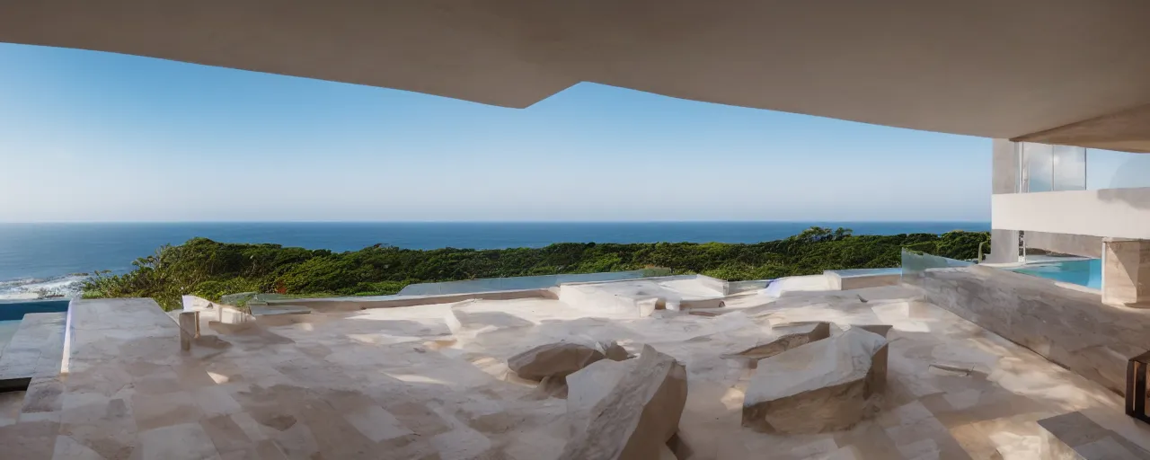 Prompt: cinematic view of beautiful modern villa on a cliff overlooking the ocean, photography