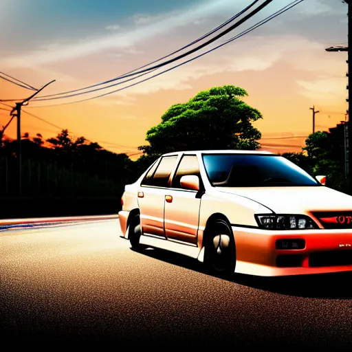 Image similar to a car Toyota JZX100 in middle of road, saitama prefecture, city sunset, cinematic color, photorealistic, highly detailed, bokeh