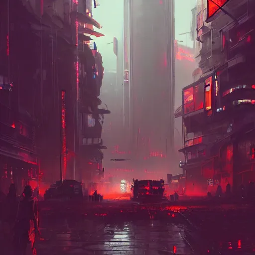 Image similar to Futuristic apocalyptic cyberpunk city by Schen Teng, asymmetrical, realistic painting, dark vibes, nightmare, geometric shapes, hard edges, china town, synth wave, trending on the artstation:2 by Greg Rutkowski:4