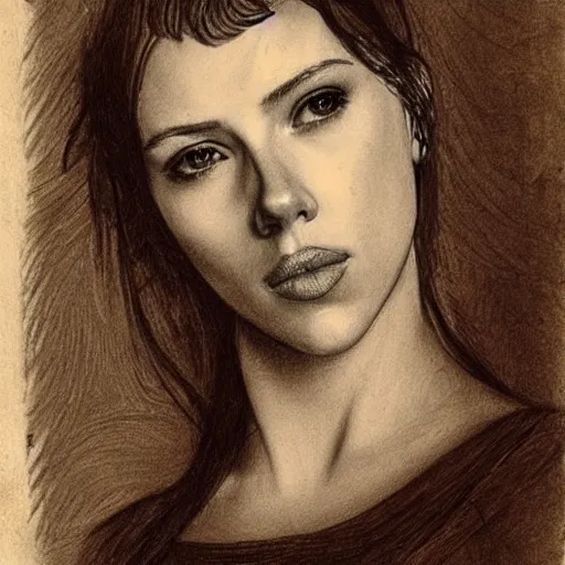 Image similar to a finished, detailed portrait sketch on parchment of a very young scarlett johansson, by leonardo davinci