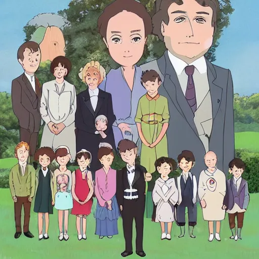 Prompt: British royal family portrait in the style of studio ghibli