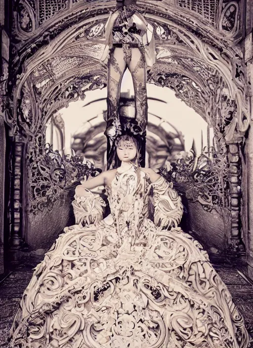 Prompt: a portrait of asian female by stefan geselle and nekro borja, photorealistic, intricate details, hyper realistic, fantasy, elegant, baroque victorian steampunk, photorealistic, canon r 3, photography, symmetrical features, symmetrical pose, wide angle shot, standing pose, feet on the ground, wearable art