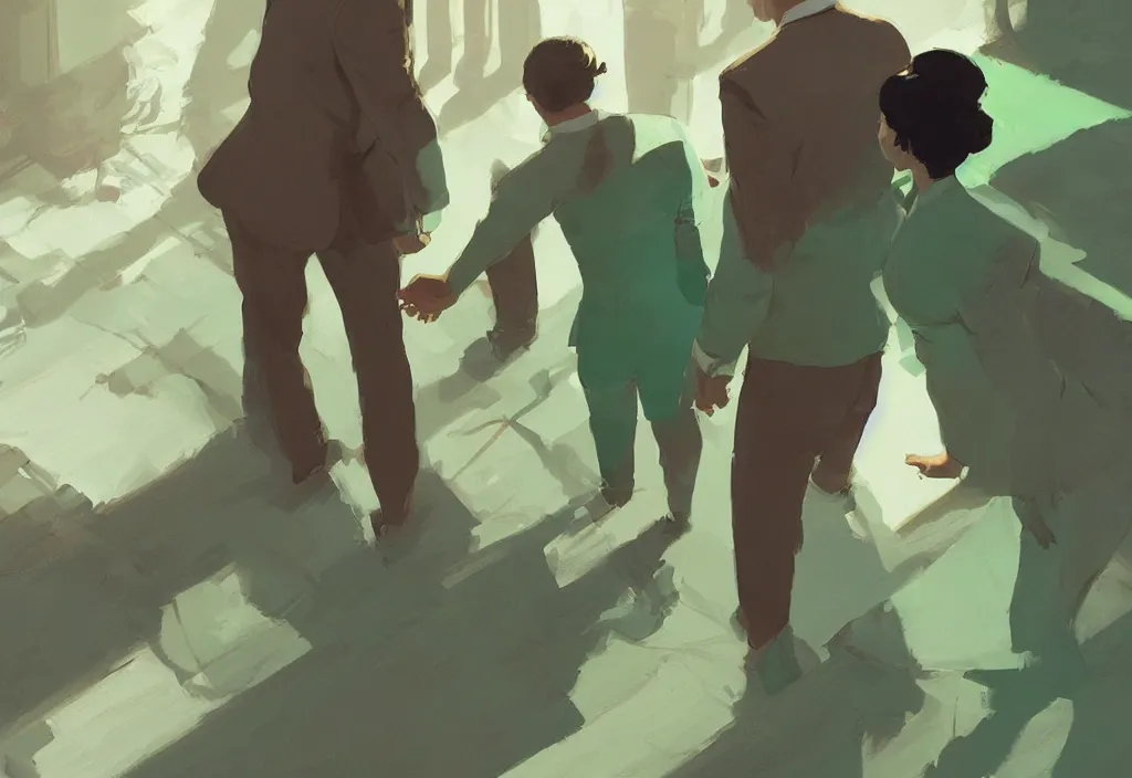 Image similar to joe biden and anya taylor - joy shaking hands, by atey ghailan, by greg rutkowski, by greg tocchini, by james gilleard, by joe gb fenton, dynamic lighting, gradient light green, brown, blonde cream, salad and white colors in scheme, grunge aesthetic