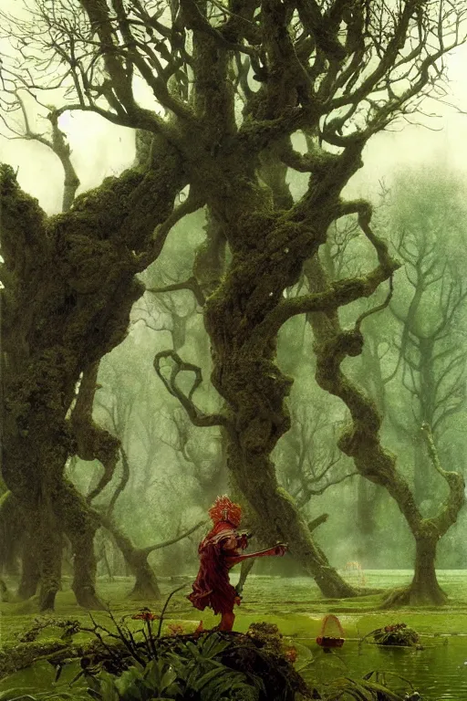 Prompt: the warrior god zeus walks in dark gardens beside a small pond, misty, stately home visible in distance through trees, greg staples, jack kirby, boris vallejo, ruan jia, lawrence alma tadema, zdzislaw beksinski, carl spitzweg, everett raymond kinstler, norman rockwell