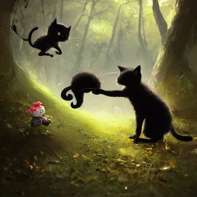 Prompt: a beautiful painting of a cute black kitten catching a mouse in a forest. disney character design by cory loftis, fenghua zhong, ryohei hase, ismail inceoglu and ruan jia. artstation, volumetric light, detailed, photorealistic, rendered in octane