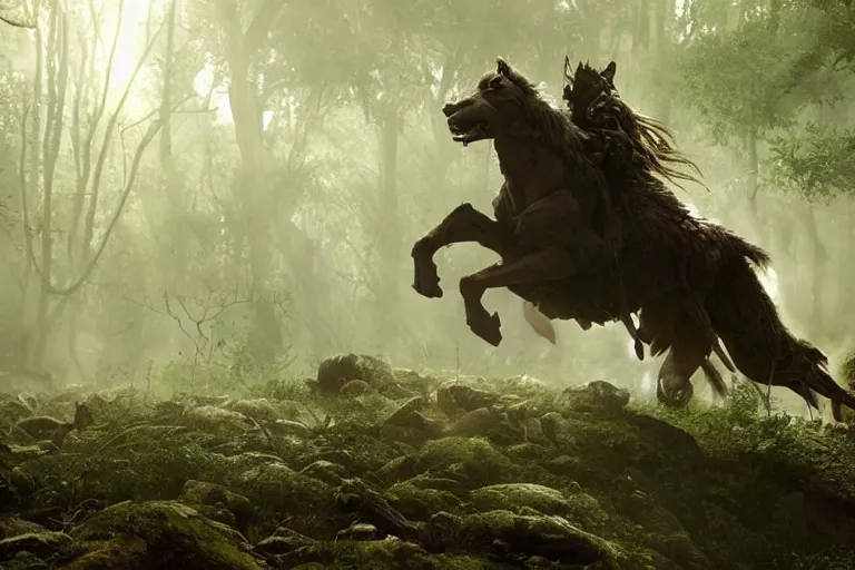 Image similar to vfx movie closeup detailed ancient armored warrior orc hunting riding large wolf in the forest, natural lighting by emmanuel lubezki