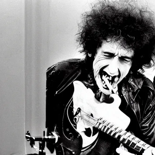 Image similar to rabid bob dylan foaming at the mouth, bloodshot eyes, raised eyebrows, rotten teeth