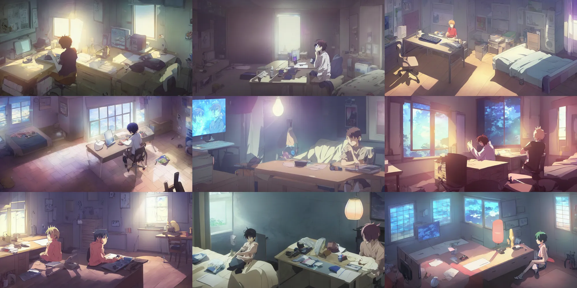 Prompt: a detailed digital painting of an anime bedroom ; a ( ( young anime man ) ) sitting at his bedroom desk, tired and staring at the computer while drawing on a wacom tablet ; in a hd screenshot from the anime film, directed by ( ( makoto shinkai ) ) ; dramatic lighting and composition, beautiful colours, trending on artstation, back view