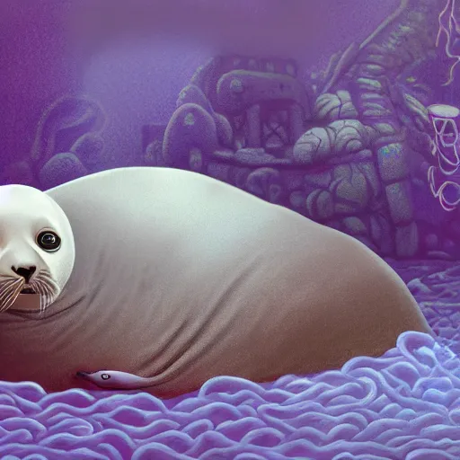 Image similar to Prince in pastel!!!!, **whimsical acrylic modern pop surrealism, Even Giger-y dark overlords living in the ruins of an ancient system of tunnels and caves like to be comfy every once in a while!,** A seal sleeping peacefully in a kelp forest, **cinematic, hyper realistic, detailed, 8k, octane render**.