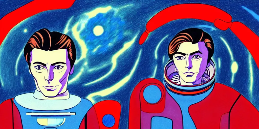 Image similar to traditional drawn colorful animation a symmetrical portrait of lonely single Alain Delon alone from 1960 60s pilot in spacesuit posing in spaceship station planet captain bridge outer worlds robots extraterrestrial hyper contrast well drawn in Jean Henri Gaston Giraud animation film The Masters of Time FANTASTIC PLANET La planète sauvage animation by René Laloux