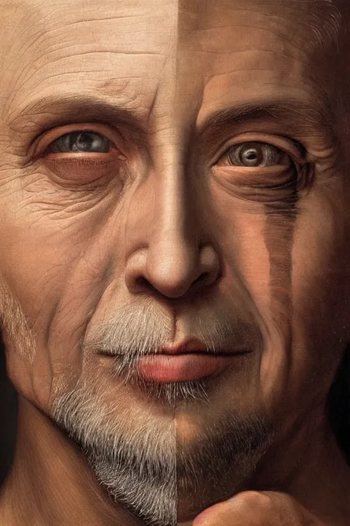 Image similar to hyperrealism close-up portrait a face divided in half into young and old in style of da Vinci