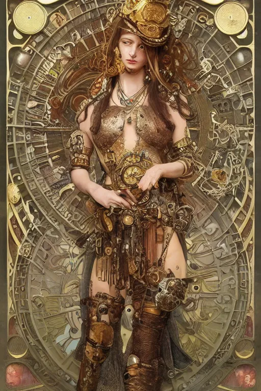 Prompt: beautiful portrait of a sexy steampunk war goddess wearing a detailed armour of jewels and gold mushrooms and vegetation , huge mechanical clocks, intricate details, realistic shaded , steampunk, highly detailed, artstation, pretty pretty face, illustration by alphonse mucha and Greg Rutkowski and Ruan Jia and bouguereau, art nouveau, octane render, dynamic light, volumetric light, neron lights, cinematic mood