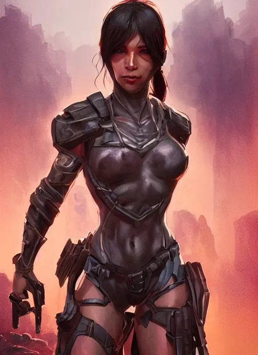 Image similar to poster!! beautiful new female character for 7 days to die, character concept art, action pose, illustration, full body armor, steel plating, huge weapon, super powers, athletic, symmetry, intricate design, shiny, highly detailed, hd, dramatic lighting, art by artgerm and greg rutkowski