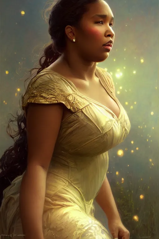 Image similar to Lizzo, matte painting, intricate, fantasy concept art, elegant, by Stanley Artgerm Lau, WLOP, golden ratio, thomas kindkade, alphonse mucha, loish, norman Rockwell,