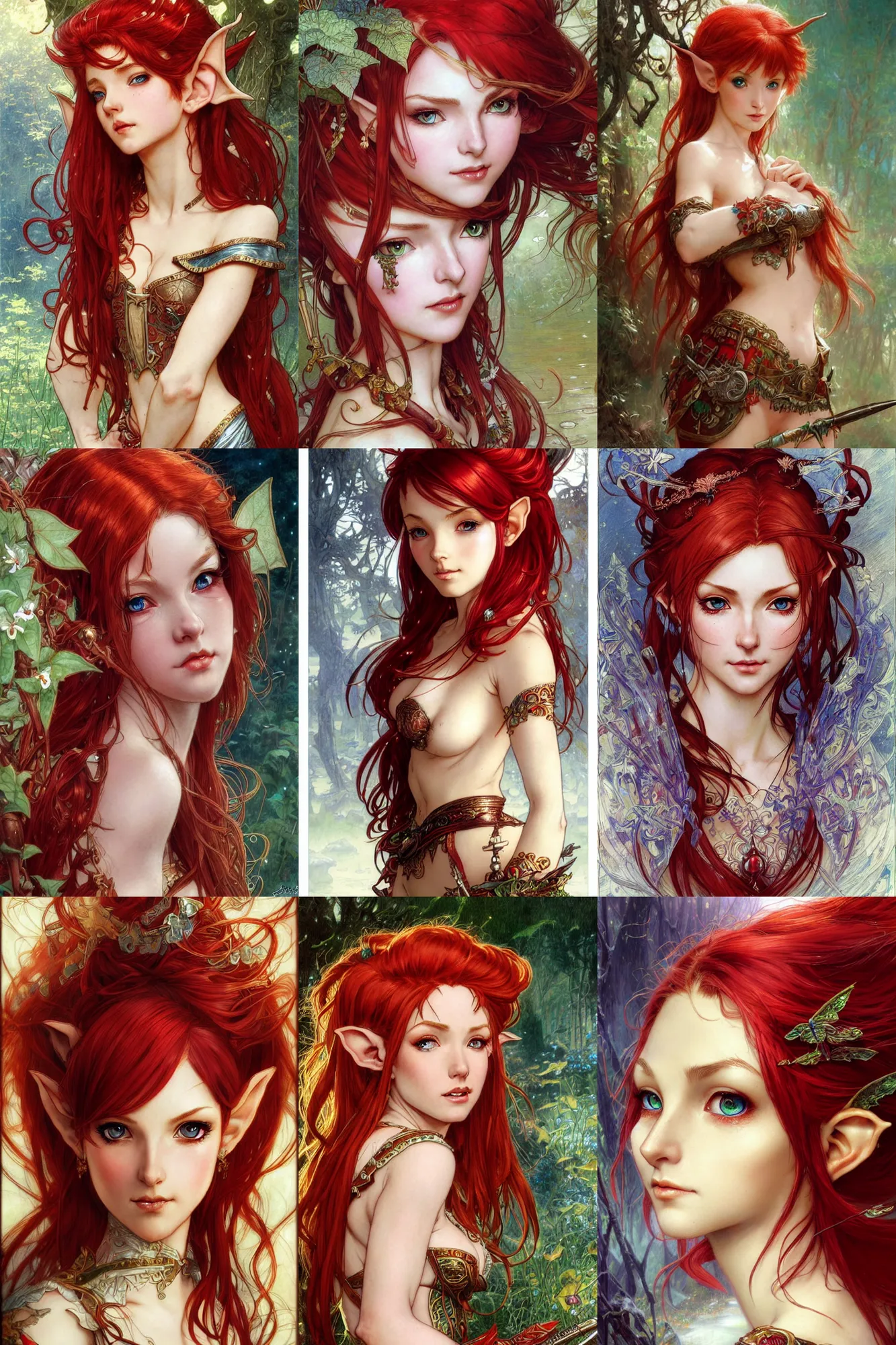 Prompt: alluring highly detailed close-up portrait of beautiful elf girl with red hair wearing a fantasy outfit, very detailed, realistic, manga, pen and ink, by Stanley Artgerm Lau, greg rutkowski, thomas kindkade, alphonse mucha, loish, norman rockwell J.