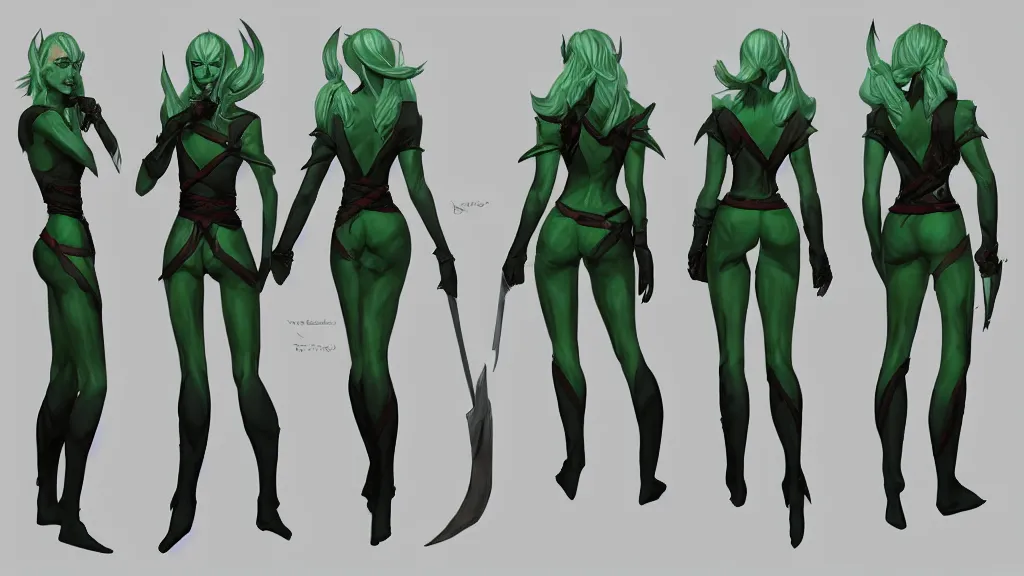 Prompt: a fantasy green haired male drow elf assassin character design sheet, trending on artstation