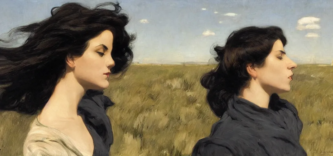 Prompt: portrait of an italian woman with black hair blowing in the wind, blazing sun, sci - fi by emile friant and moebius