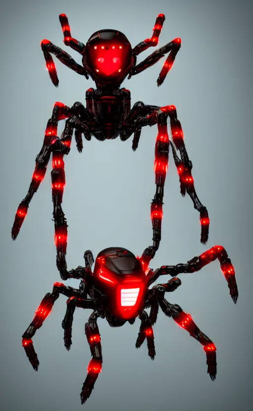 Image similar to a robot humanoid spider with 4 arms with claws, glowing red eyes, in a black carbon and red fiber armor, smiling creepily, dynamic lighting, photorealistic fantasy concept art, trending on art station, stunning visuals, creative, cinematic, ultra detailed