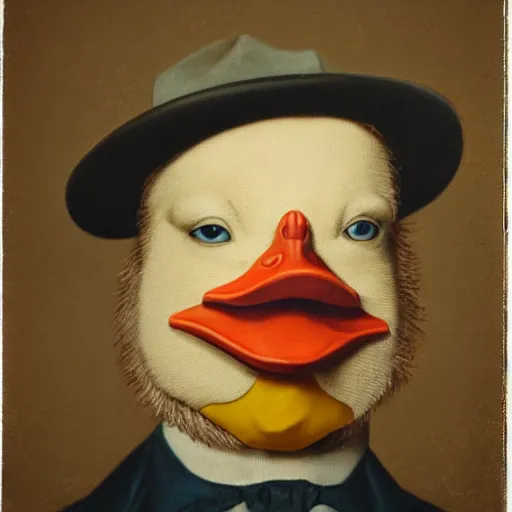 Image similar to a high detail photo of a man with a duck's head wearing a suit, photorealism