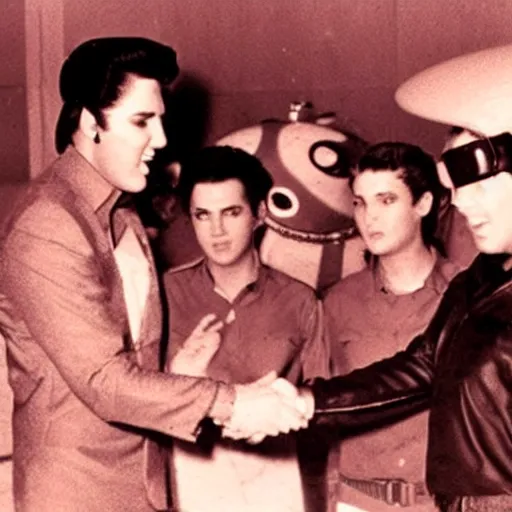 Image similar to photograph of elvis meeting aliens from another world, in alien spaceship