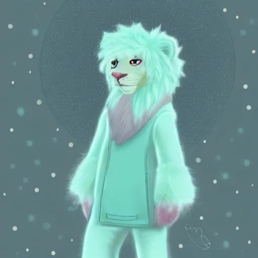 Image similar to aesthetic portrait commission of a albino male furry anthro lion wearing a cute mint colored cozy soft pastel winter outfit, winter atmosphere. character design by chunie