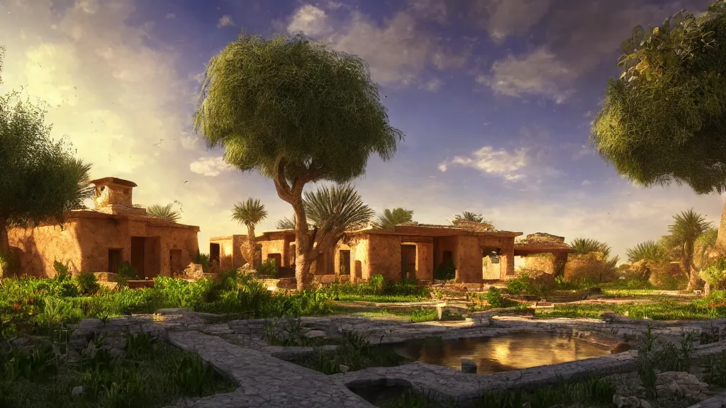 Prompt: adobe villa with rectangle pool surrounded by lemon trees in the desert, game of thrones, volumetric lighting, fantasy artwork, very beautiful scenery, very realistic painting effect, hd, hdr, cinematic 4 k wallpaper, 8 k, ultra detailed, high resolution, artstation