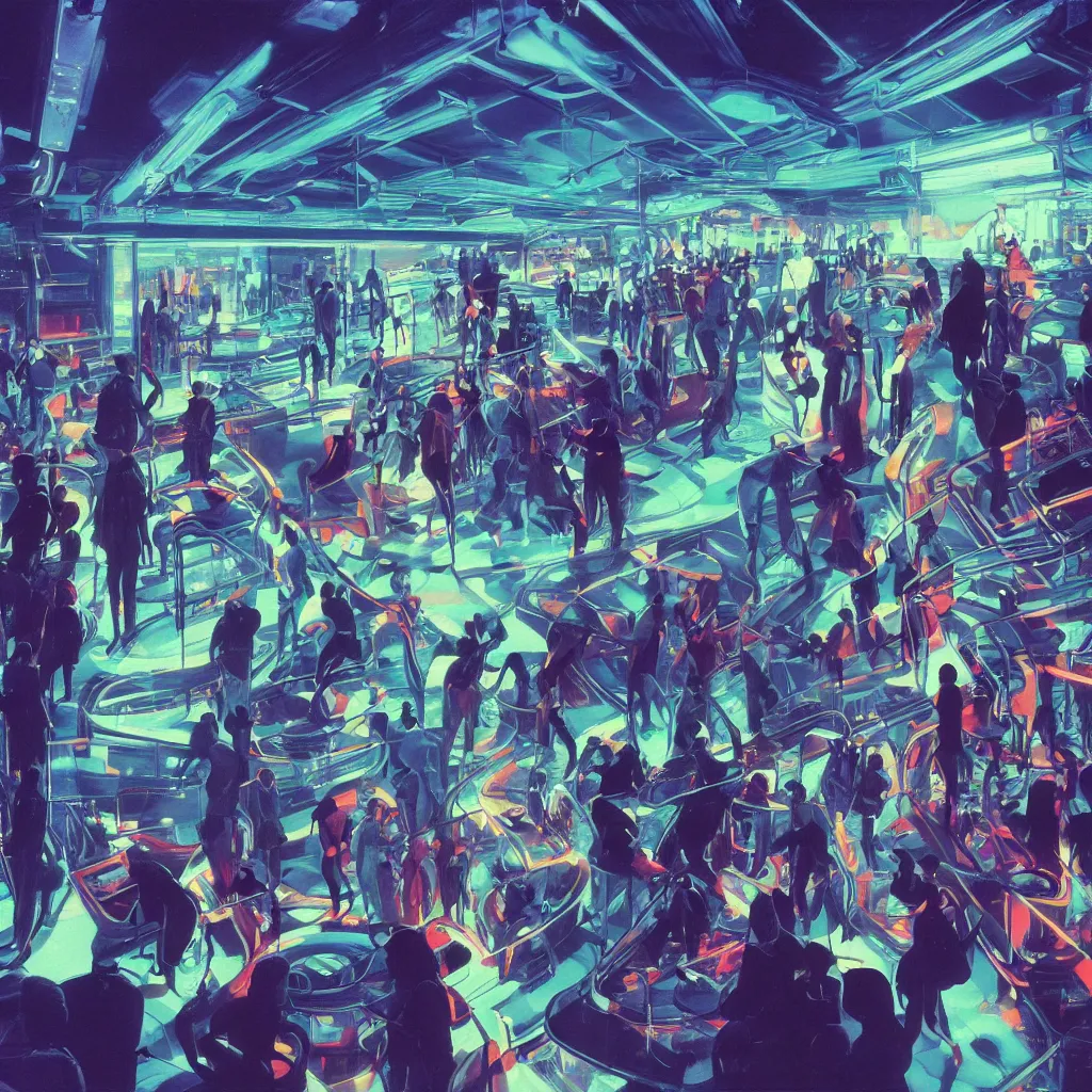 Prompt: people dancing in a cyberpunk nightclub with a large aquarium. smoky room with lasers and neon lights. Painting by Syd Mead. 70's Sci-Fi. highly detailed digital art, trending on artstation. Beautiful glowing blue light.