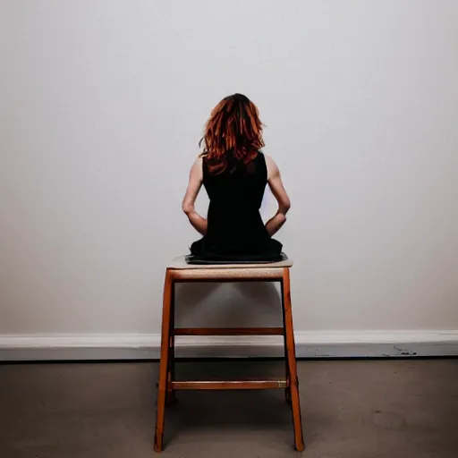 Prompt: a woman sitting on top of a wooden stool, a polaroid photo by louisa puller, trending on pinterest, minimalism, white background, studio portrait, minimalist