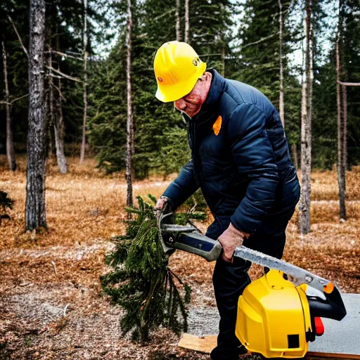 Image similar to putin with a chainsaw, cutting a tree. he wears a yellow safety helmet. canon eos r 3, f / 1. 4, iso 2 0 0, 1 / 1 6 0 s, 8 k, raw.