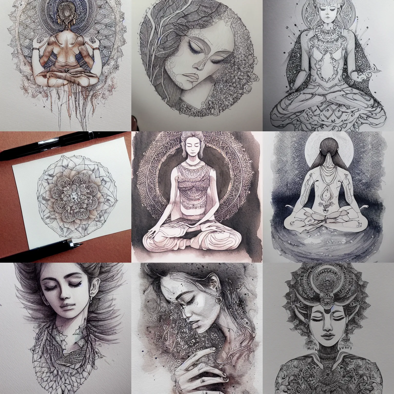 Prompt: beautiful aesthetic inspirational masterful professional ink pen and watercolor sketch of meditation, ultra detailed, fine details, trending on artstation, high quality paper